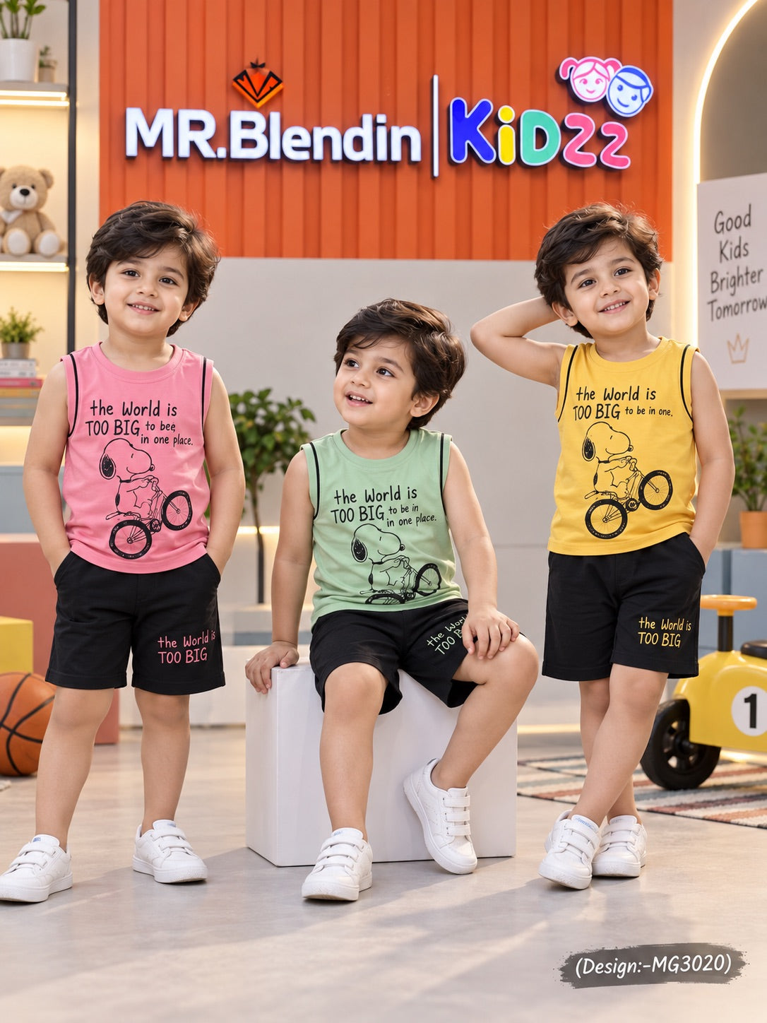 Three young boys modeling sleeveless graphic tank tops in pink, green, and yellow, paired with black shorts, standing in a retail display setting with a 'MR. Blendin | KiD22' sign in the background.